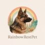RainbowRestPet logo with German Shepherd, feather, and rainbow